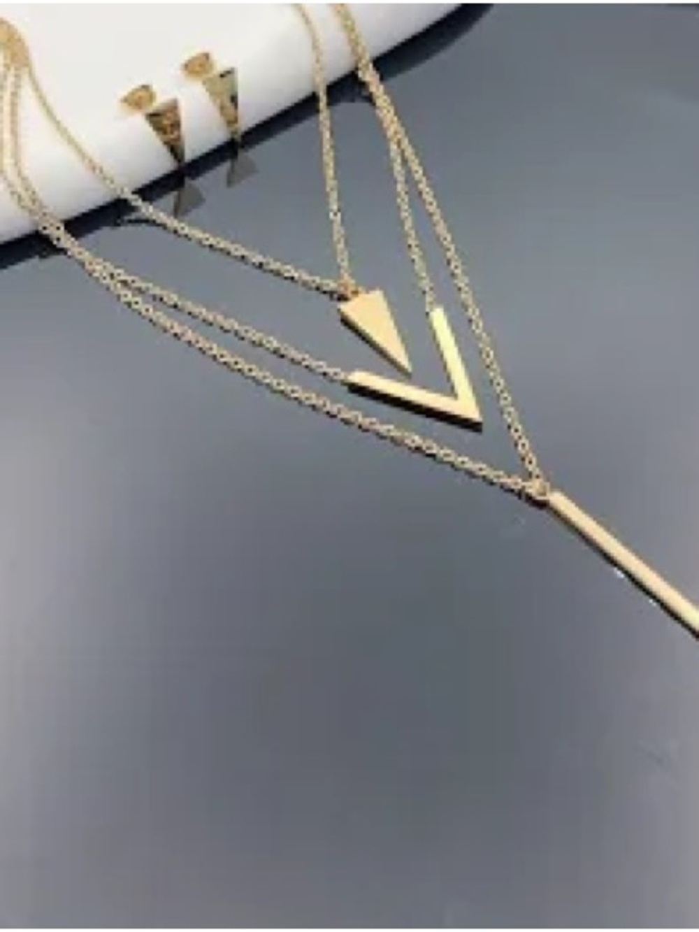 Stainless Steel Gold Layered Triangle Pendant Necklace & Earrings Women Jewelry